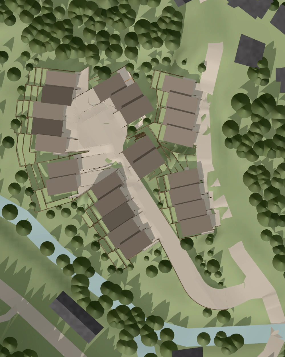 Site plan of Nanta Alta from above: the 25 villas on their road at Els Cortals d'Encamp, among the firs